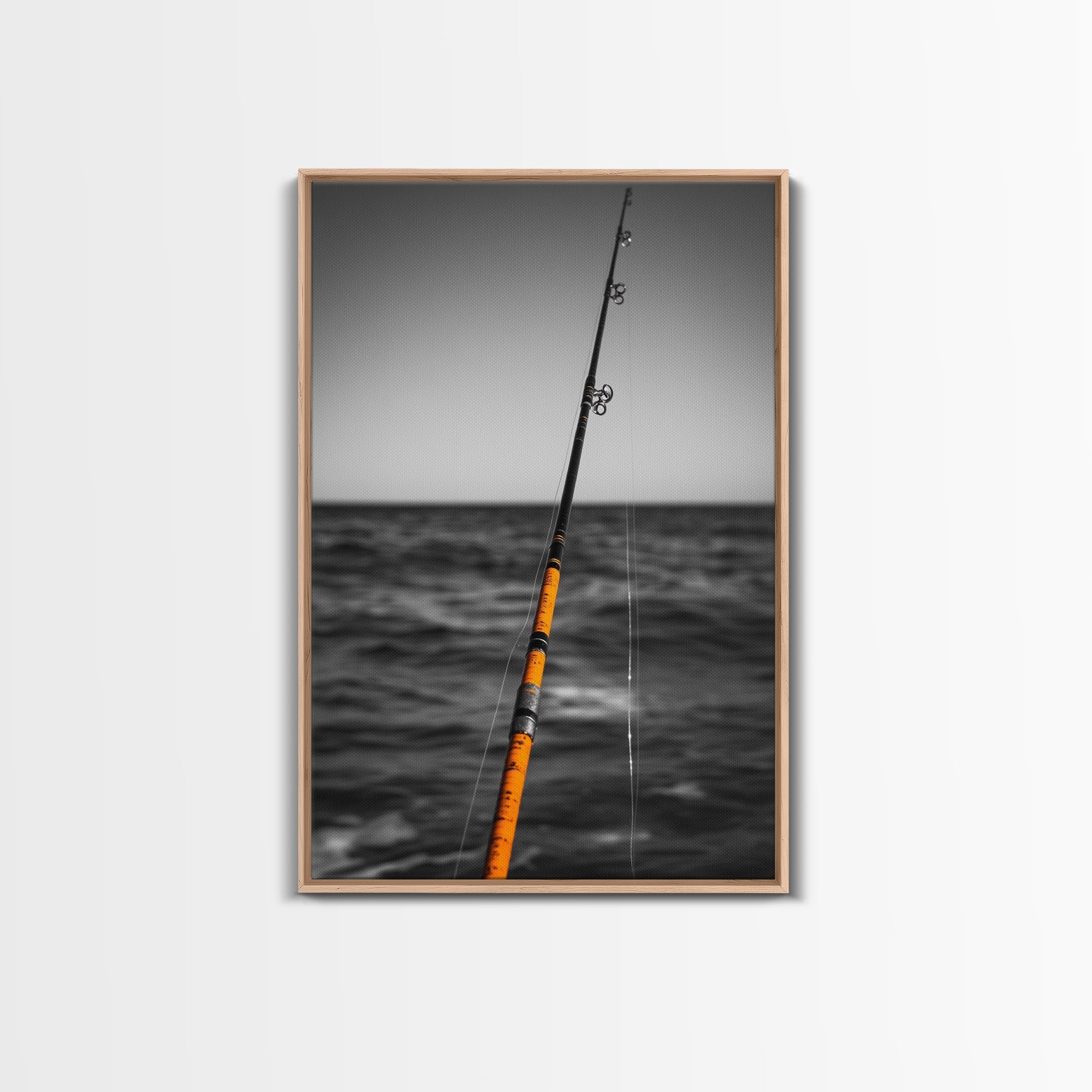 Fishing Pole, Ocean Rod, Angler Focus, Sea Horizon, Framed Canvas Print, Man Cave Wall Art, Sport Fishing Decor, Coastal Style Art