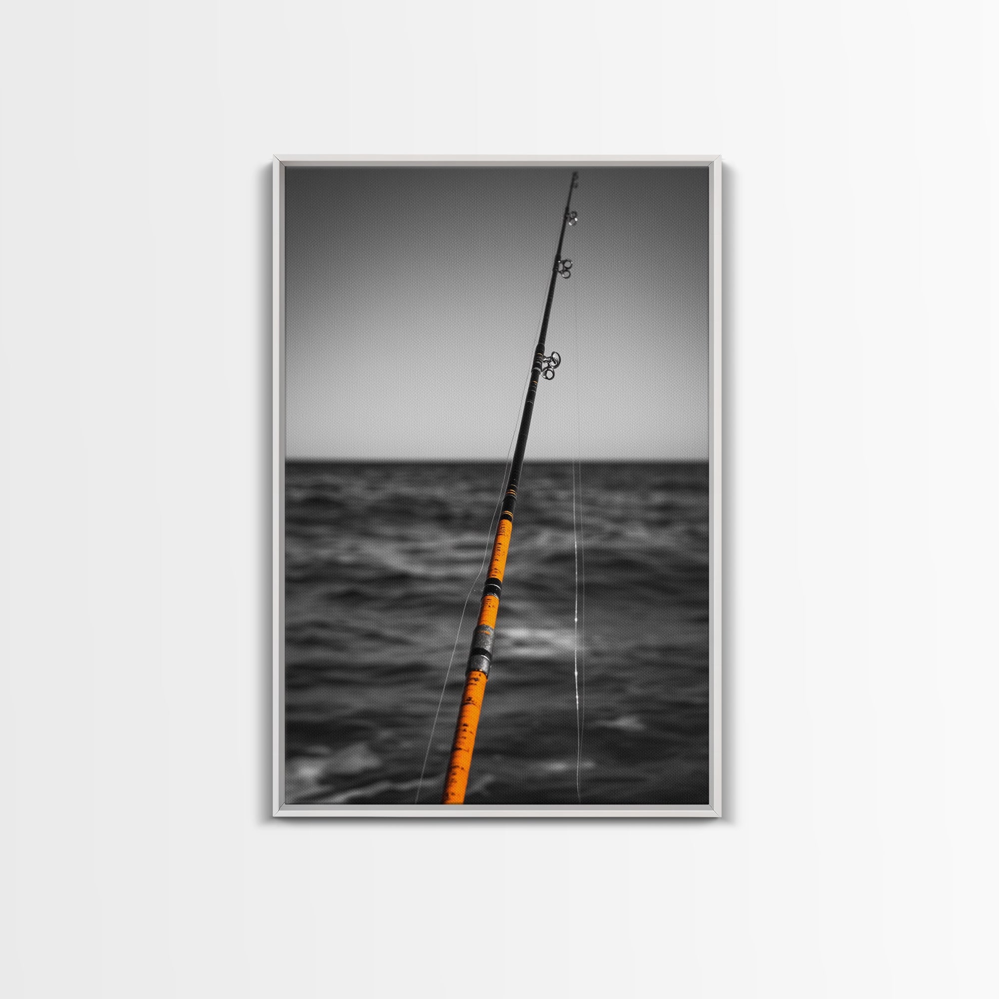 Fishing Pole, Ocean Rod, Angler Focus, Sea Horizon, Framed Canvas Print, Man Cave Wall Art, Sport Fishing Decor, Coastal Style Art